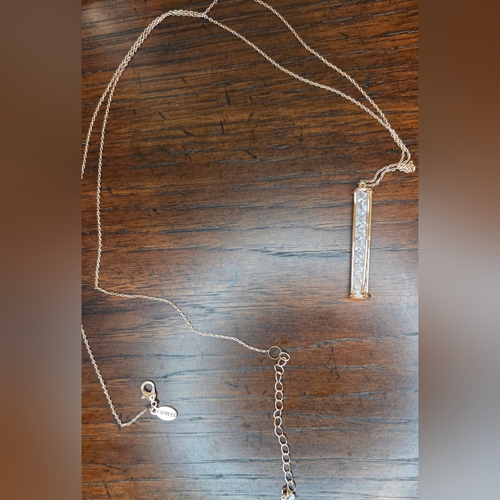 Express Rose Gold Crystal Bar Necklace Long Minimalist Pendant Jewelry - Picture 3 of 4